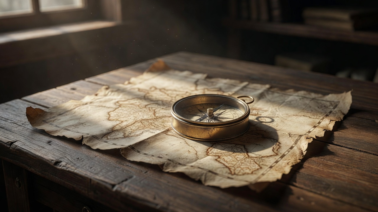 Ancient treasure map and brass compass