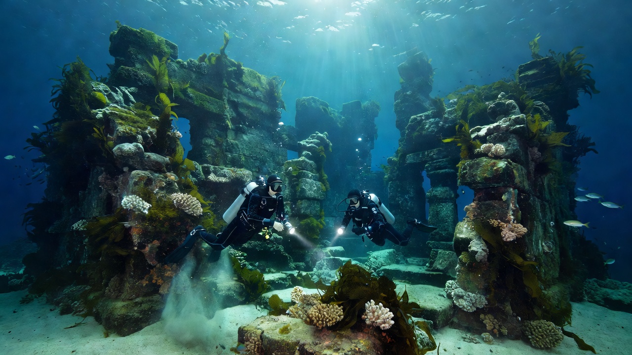 Diving equipment exploring underwater ruins