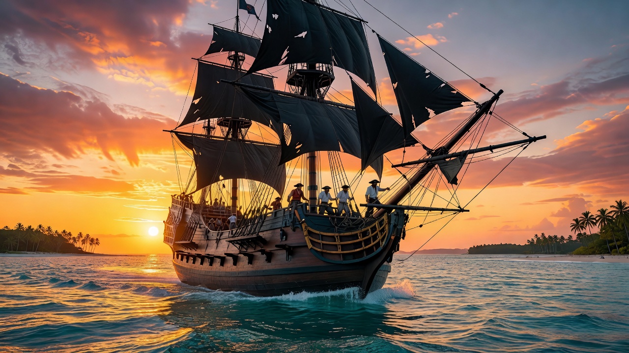 Epic pirate ship sailing across tropical waters at sunset