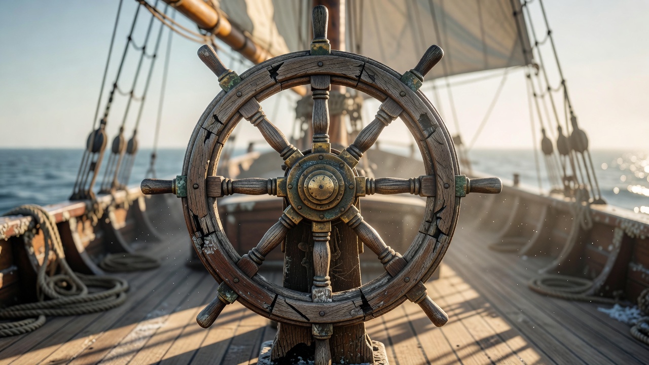 Old wooden ship steering wheel
