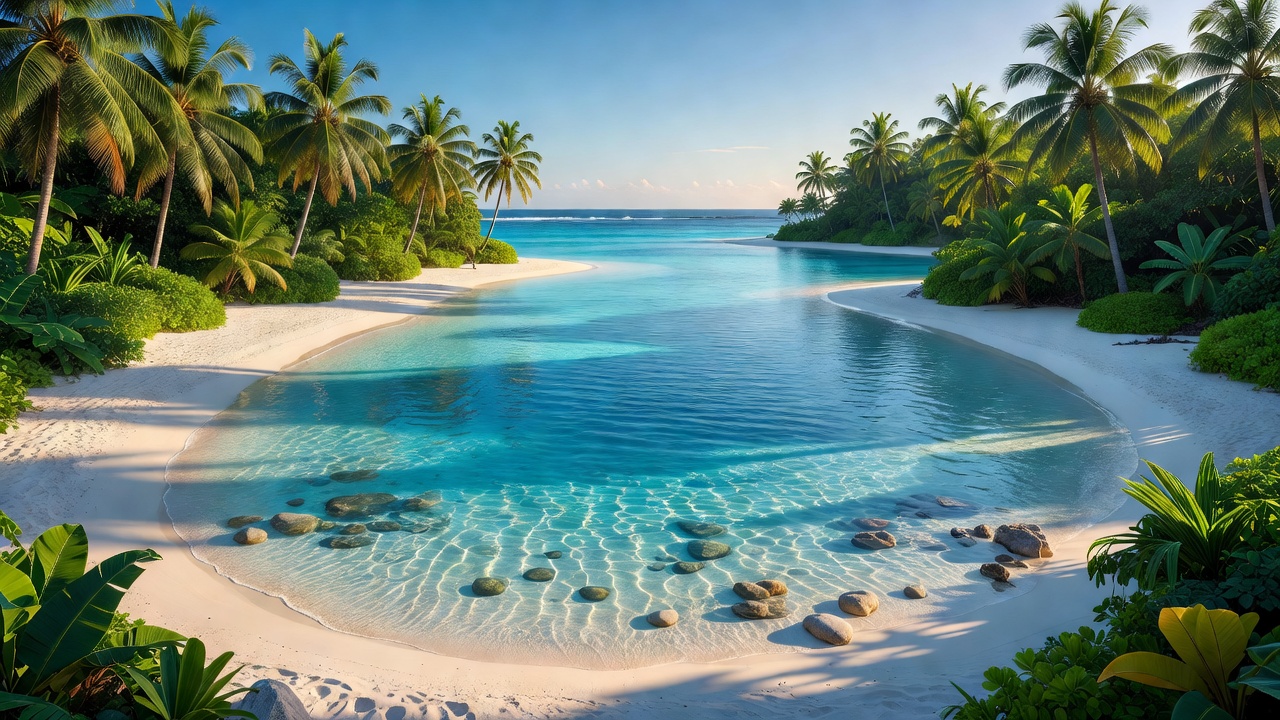 Tropical island lagoon with clear blue water